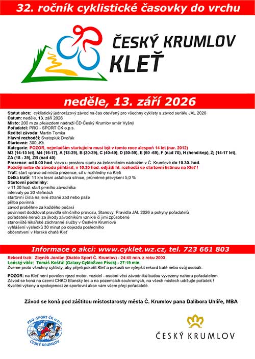 32. ročník cyklistické časovky do vrchu ČESKÝ KRUMLOV - KLEŤ, neděle 13. září 2026 - propozice